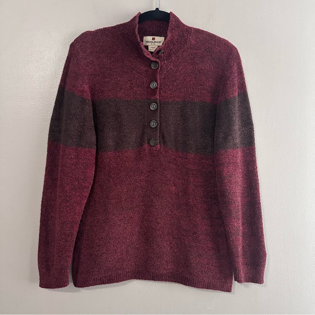 Woolrich Chenille Half Button Front Mock Sweater Womens Small Black Cherry Cozy